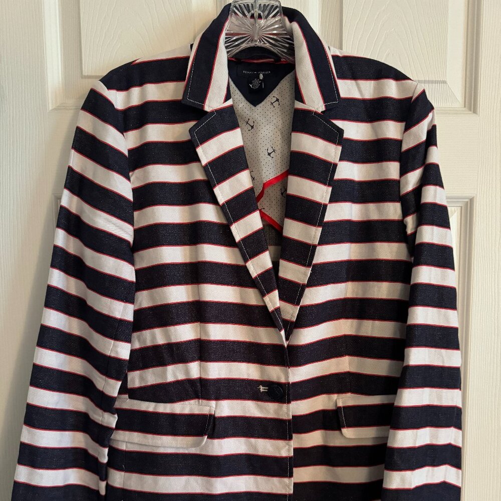 Tommy Hilfiger Cotton-Linen Jacket/Blazer w Navy & White Stripes & Red Trim, sz8